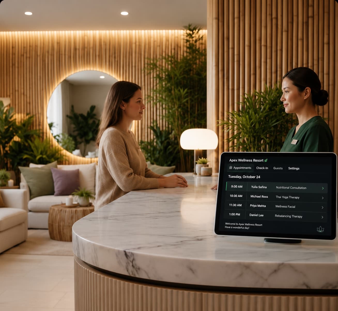 Serene minimalist wellness spa lobby with soft natural light