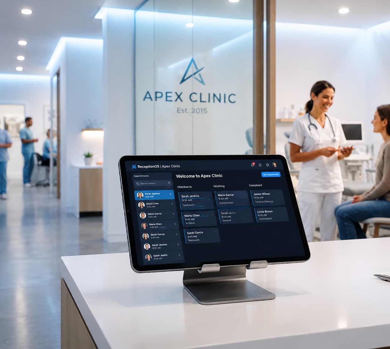 Modern medical clinic lobby with digital AI receptionist tablet for patient booking
