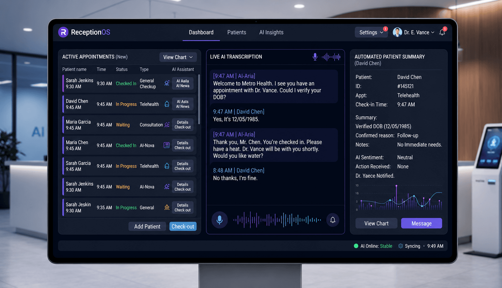 RiVara front desk dashboard with appointments and live transcription