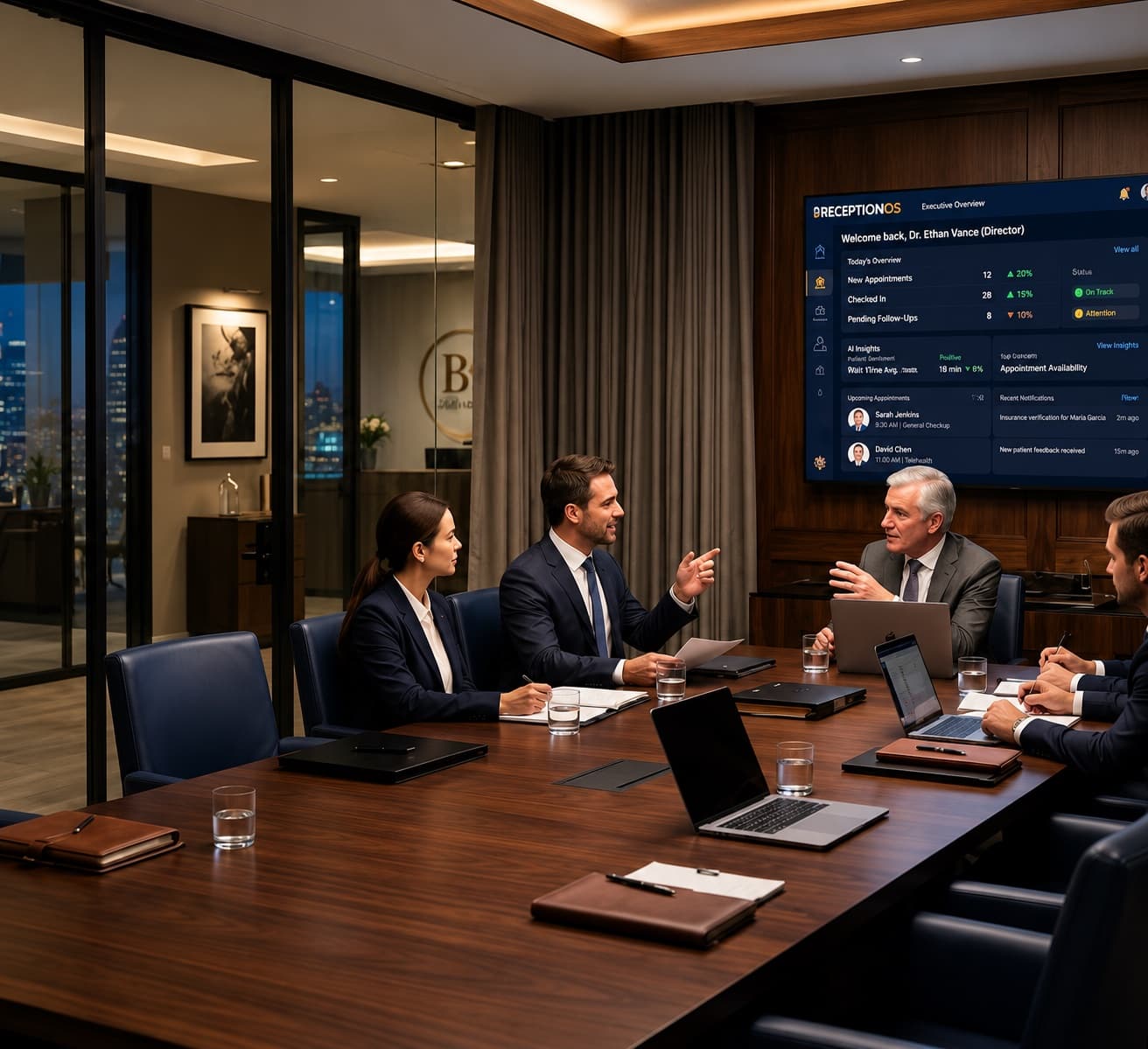 Prestigious law firm boardroom with digital client intake screens