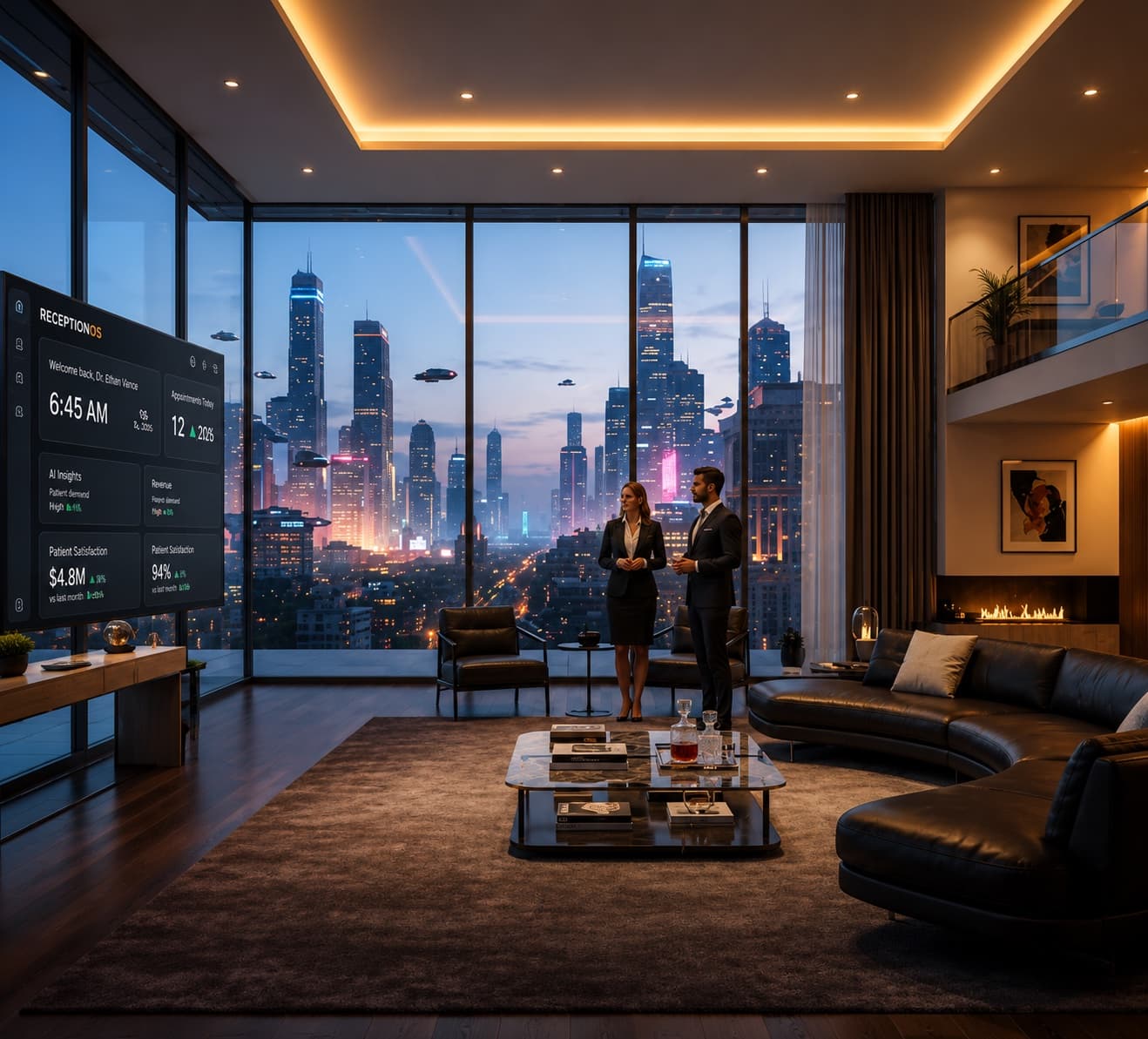 Luxury penthouse living room overlooking city skyline for real estate showings