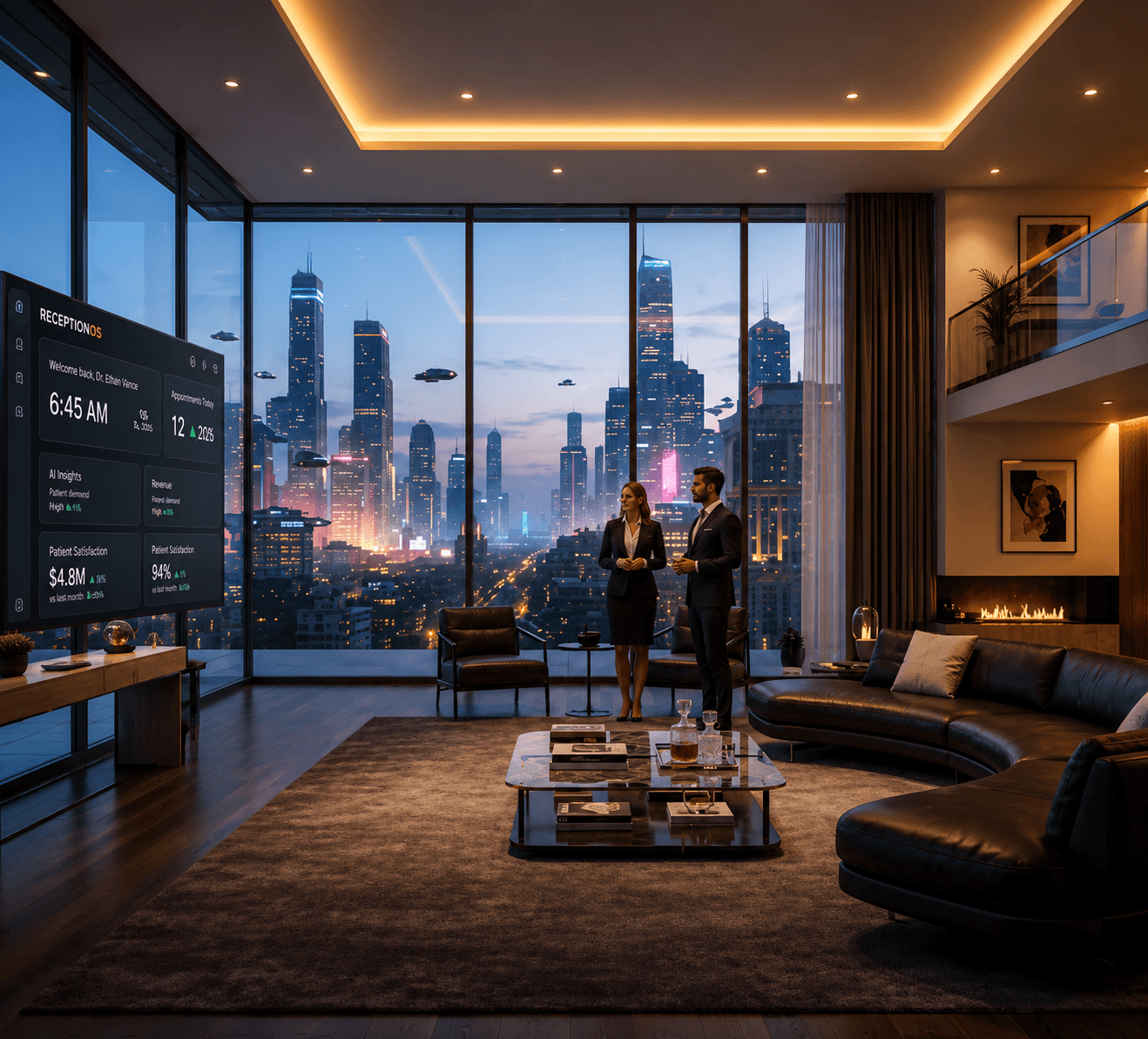 Luxury penthouse living room overlooking city skyline